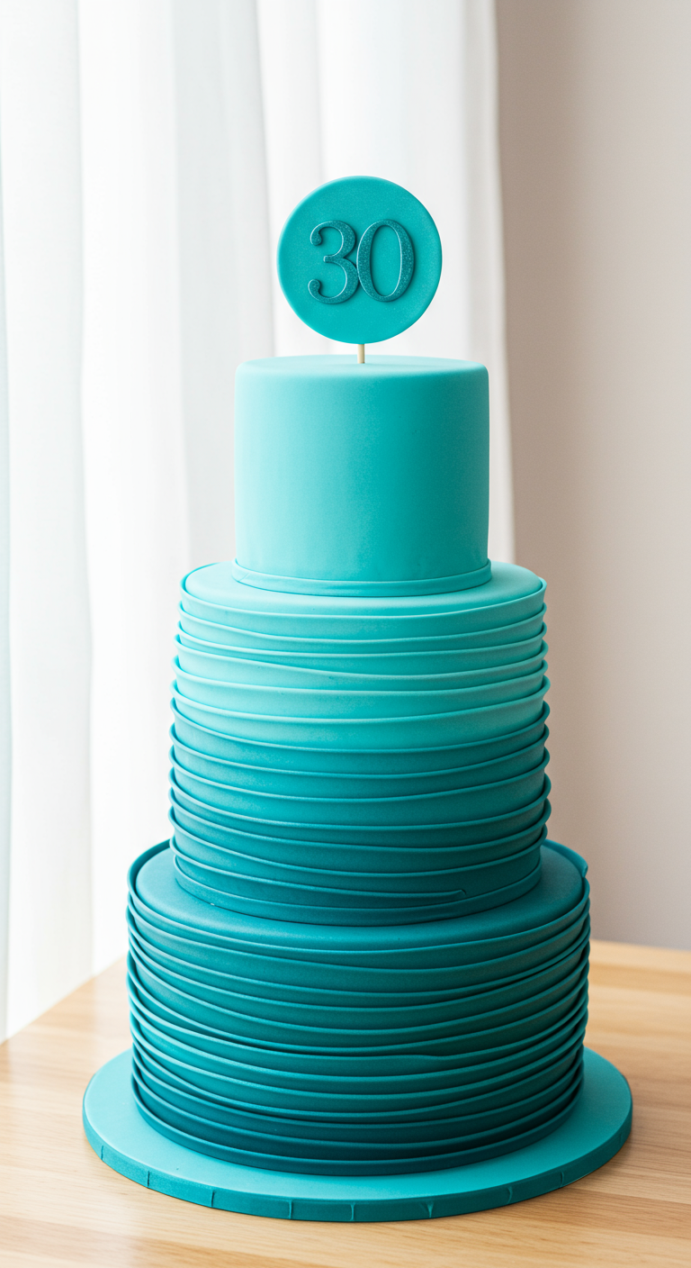 Dreistöckige türkisfarbene Ombré-Torte mit horizontalen Rillen und einem „30“ Cake Topper.