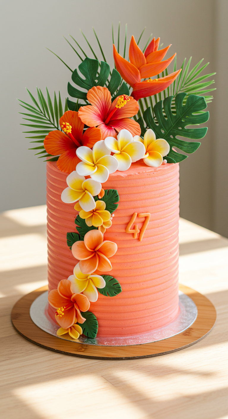 Korallenfarbene Torte mit Rillenstruktur und tropischen Zuckerblumen.