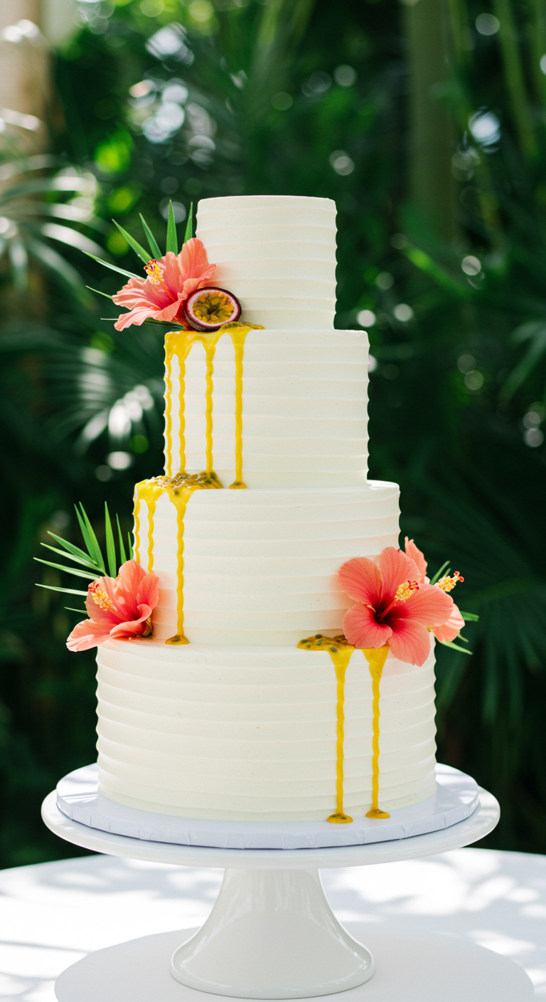 Dreistöckige weiße Torte mit Passionsfrucht-Drip und Hibiskusblüten.
