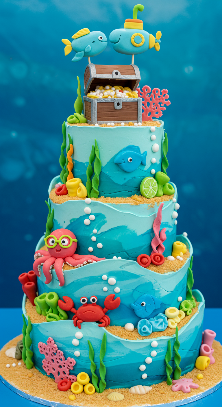 Mehrstöckige Unterwasser-Torte mit Fischen, Krake und Schatztruhe.