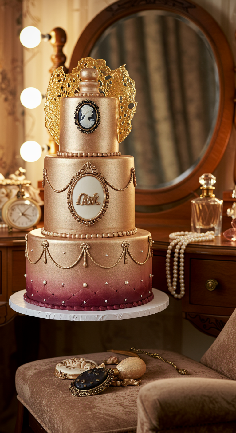 Dreistöckige Torte im Vintage-Stil mit Gold, Cameo und Parfümflakon-Topper.