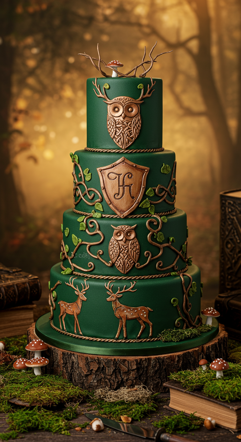 Vierstöckige dunkelgrüne Torte mit Waldmotiven wie Eulen und Hirschen