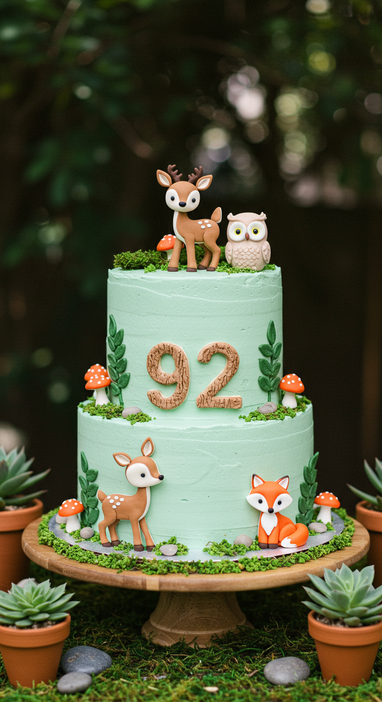 Mintgrüne Torte mit Waldtieren aus Fondant und Keks-Zahl 92.
