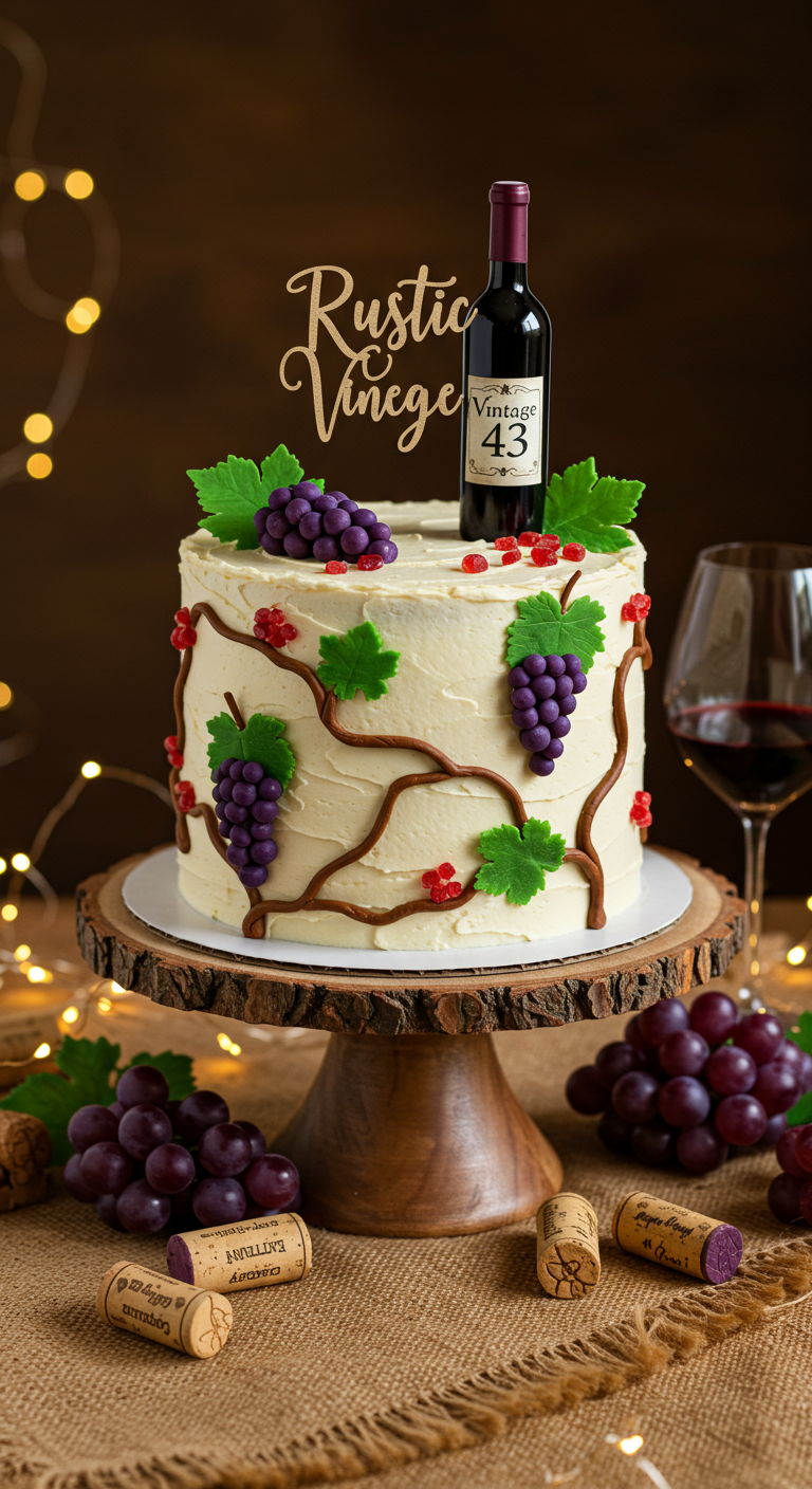 Rustikale Cremetorte mit Weintrauben und Weinflaschen-Topper.