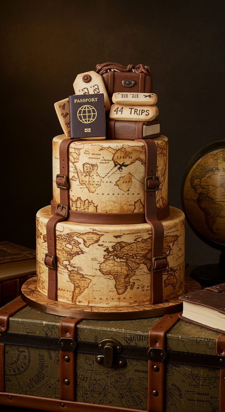 Zweistöckige Torte mit Weltkarten-Motiv, Fondant-Koffern und einem Pass.