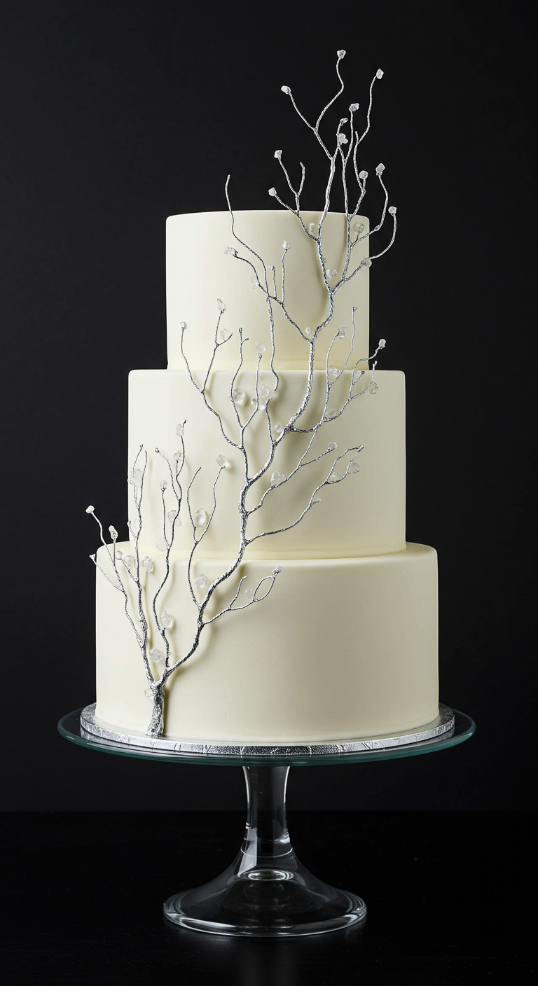 Dreistöckige weiße Torte mit filigranen silbernen Ästen und Kristallen.