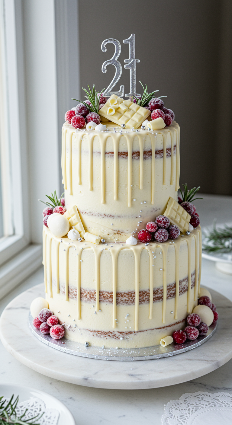 Zweistöckige weiße Torte mit weißem Drip, gezuckerten Beeren und Rosmarin.