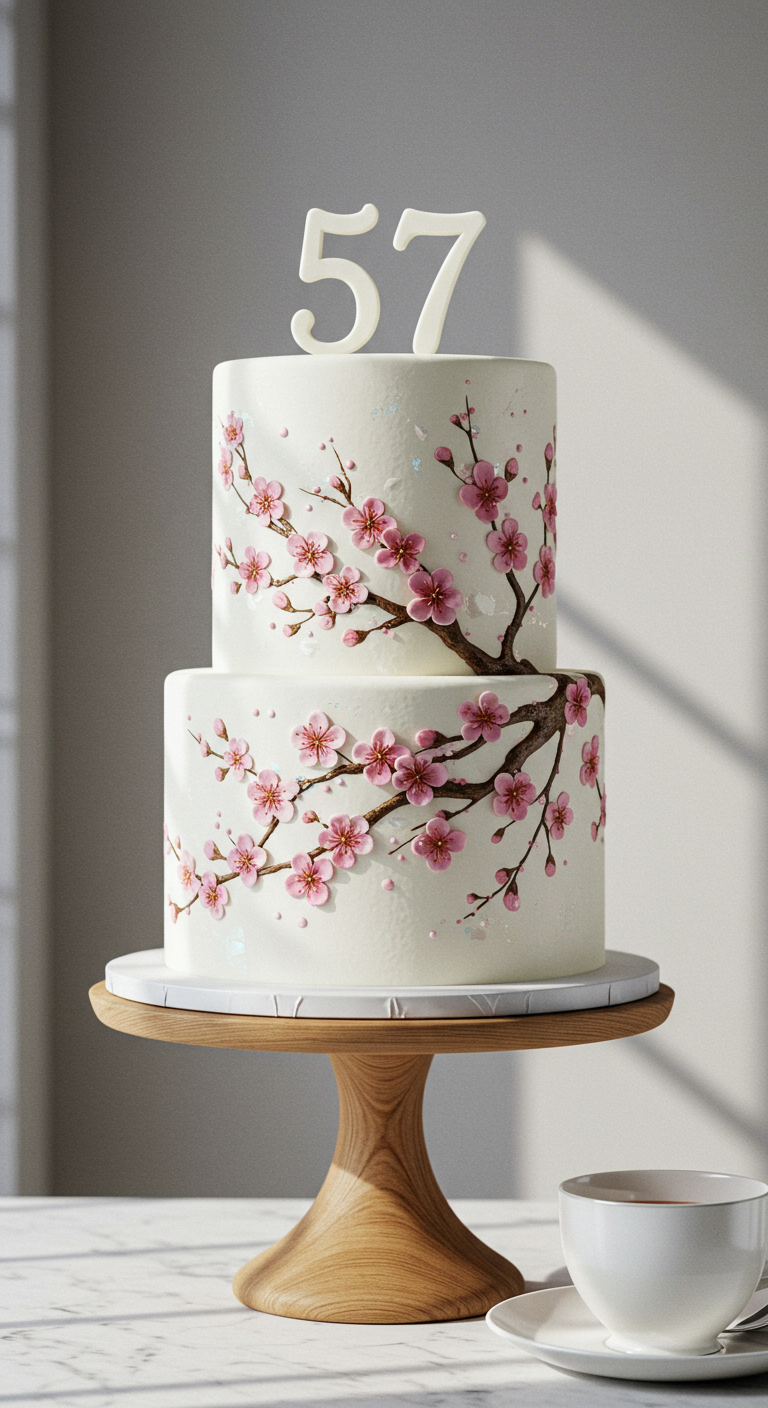 Zweistöckige weiße Torte mit aufgemalten Kirschblütenzweigen.