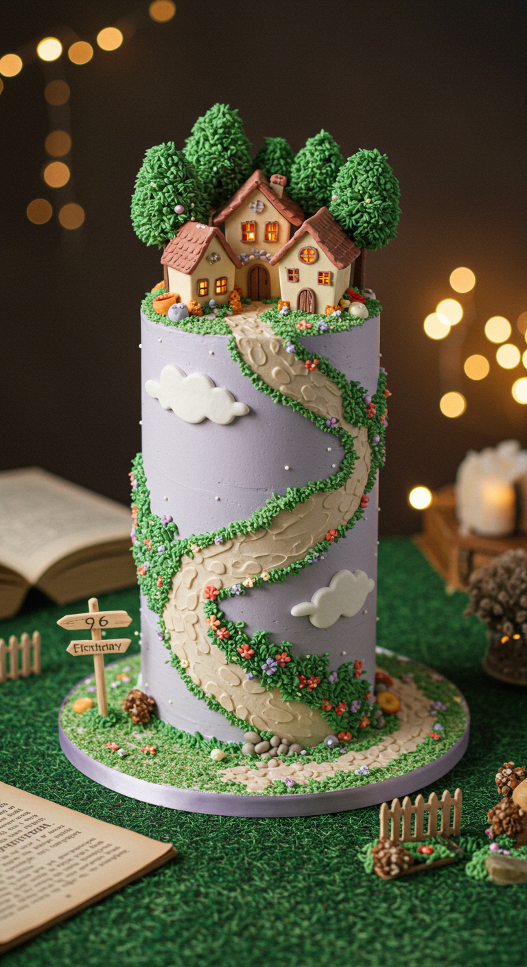 Hohe lila Torte mit einem gewundenen Weg und Miniaturhäusern.