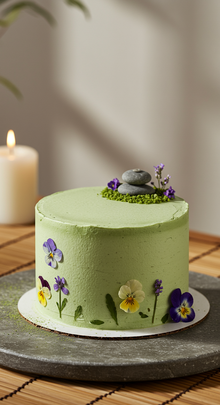 Grüne Torte mit essbaren Blüten und Zen-Steinen.