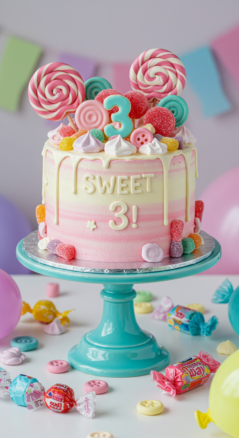 Rosa-weiße Torte mit weißem Drip, Lollis und Süßigkeiten.
