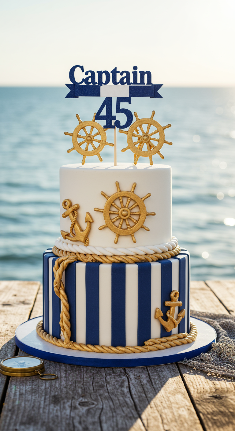 Zweistöckige maritime Torte mit blau-weißen Streifen, goldenen Ankern und Steuerrädern.