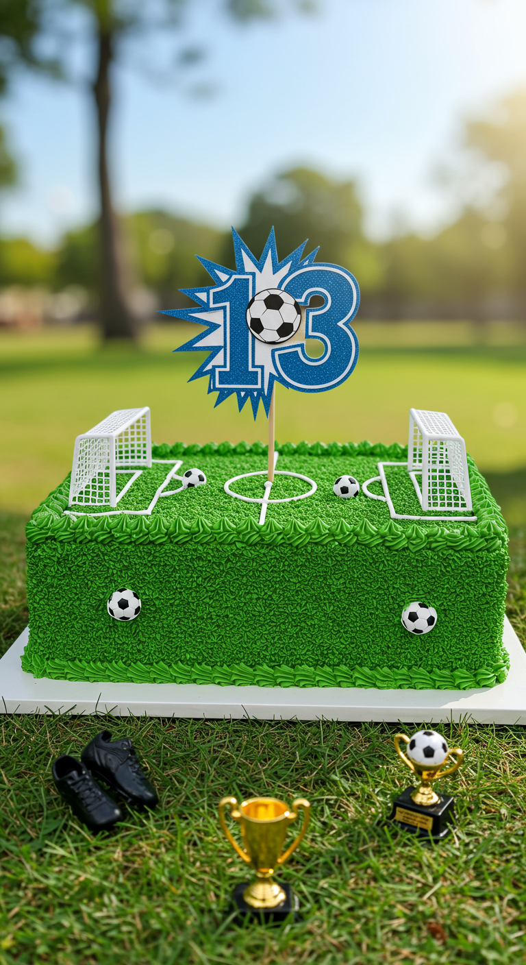 Rechteckige Torte als Fußballfeld mit grüner Rasen-Buttercreme, Toren und Fußball-Topper.