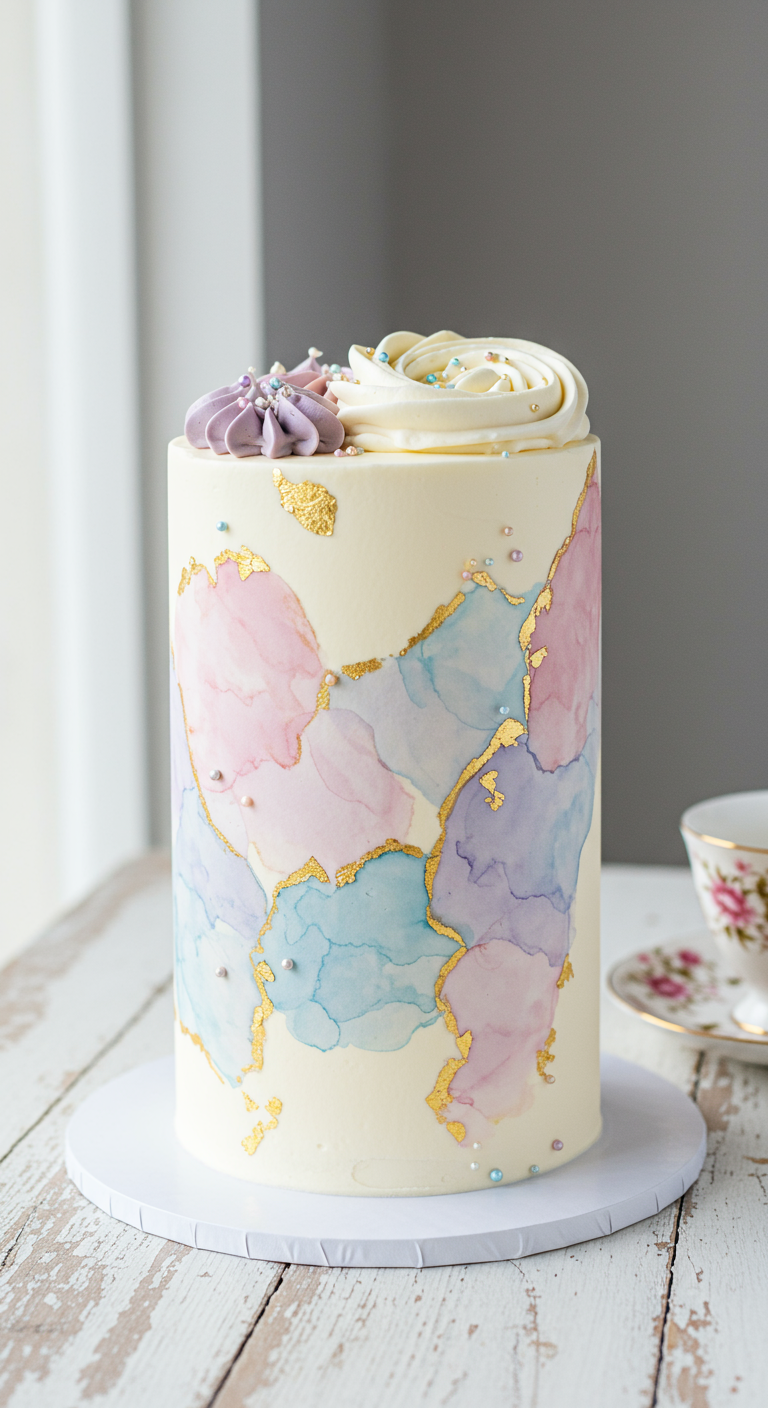 Hohe weiße Torte mit pastellfarbenem Aquarell-Effekt und Goldakzenten.