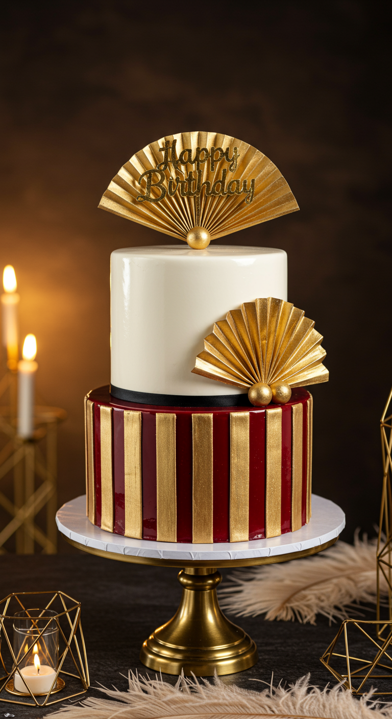 Zweistöckige Torte mit rot-gold gestreifter unterer Etage, weißer oberer Etage und goldenen Fächern.