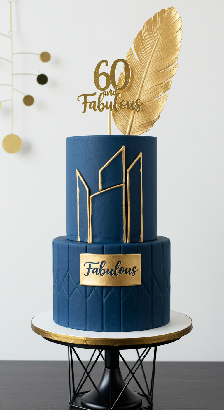 Zweistöckige marineblaue Torte mit goldenen Art-Déco-Linien und Feder-Topper.
