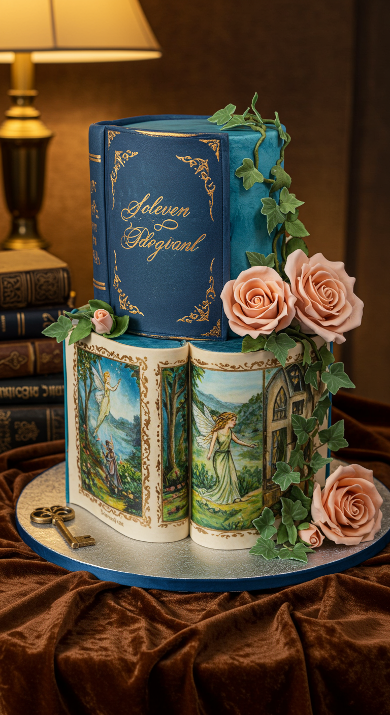 Torte in Buchform mit Feen-Illustrationen und Zuckerrosen.