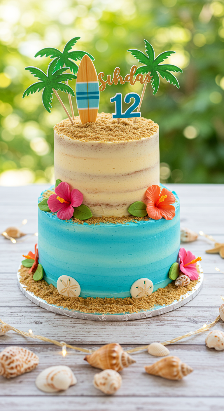 Zweistöckige Strand-Themen-Torte mit blauem Meer, Sand, Palmen und Surfbrett.