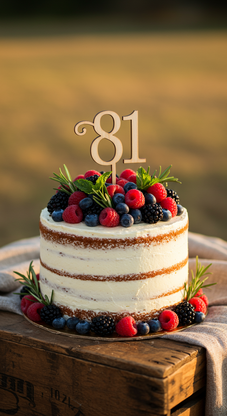 Naked Cake mit frischen Beeren, Rosmarin und 81-Holz-Topper.
