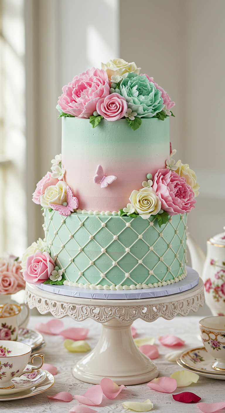 Zweistöckige Torte mit rosa-mintgrünem Ombré, Gittermuster und üppigen Zuckerblüten.