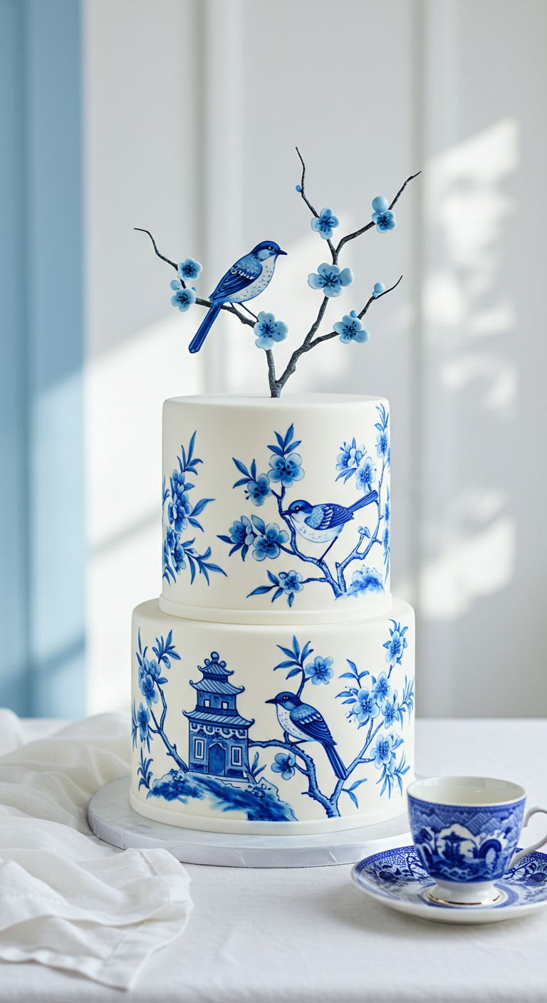 Zweistöckige weiße Torte mit blauen, handgemalten Porzellanmotiven und Vogel-Topper.