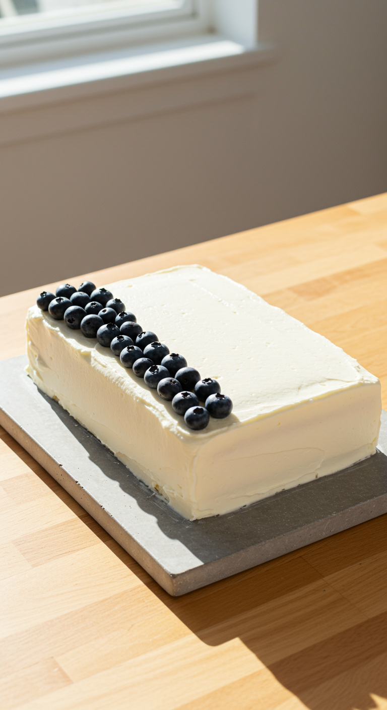 Rechteckige weiße Torte mit einer geraden Linie aus Blaubeeren.