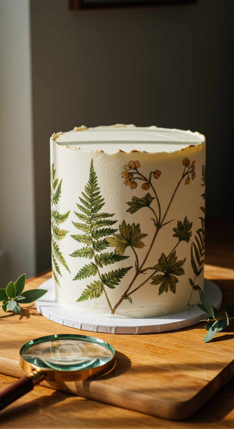 Weiße Torte mit filigranen, aufgemalten botanischen Farn- und Blütenmotiven, daneben eine Lupe.