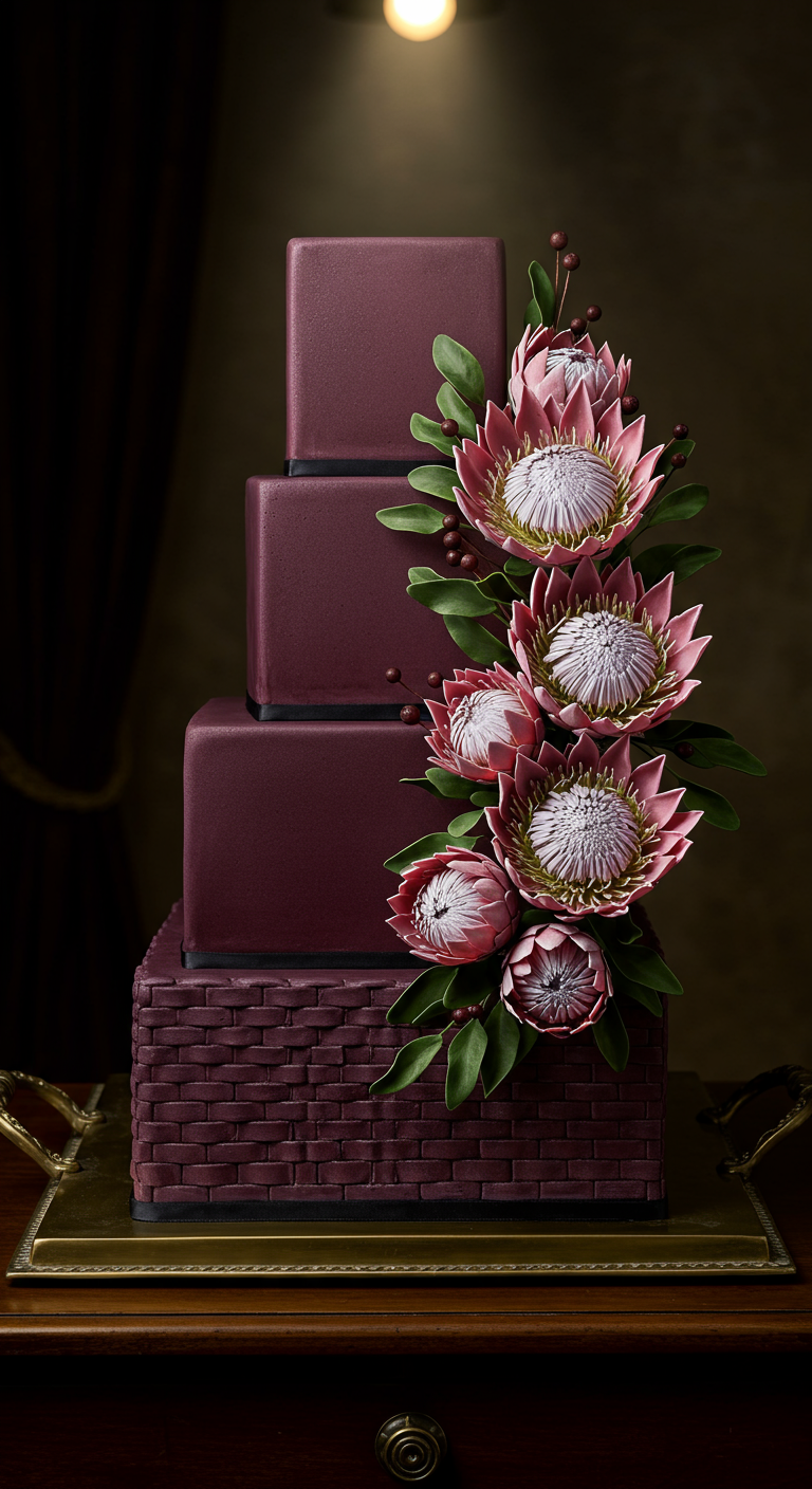 Hohe, viereckige burgunderrote Torte mit Korbflechtmuster und echten Protea-Blüten.