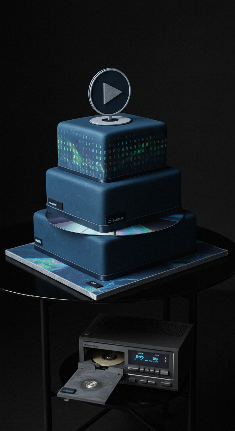 Mehrstöckige Y2K-Torte in Form eines CD-Players mit CD-Details und Play-Button.