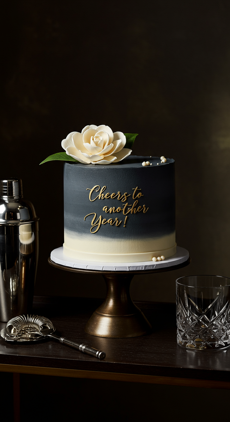 Grau-weiße Ombré-Torte mit goldener Schrift und weißer Zuckerblume.