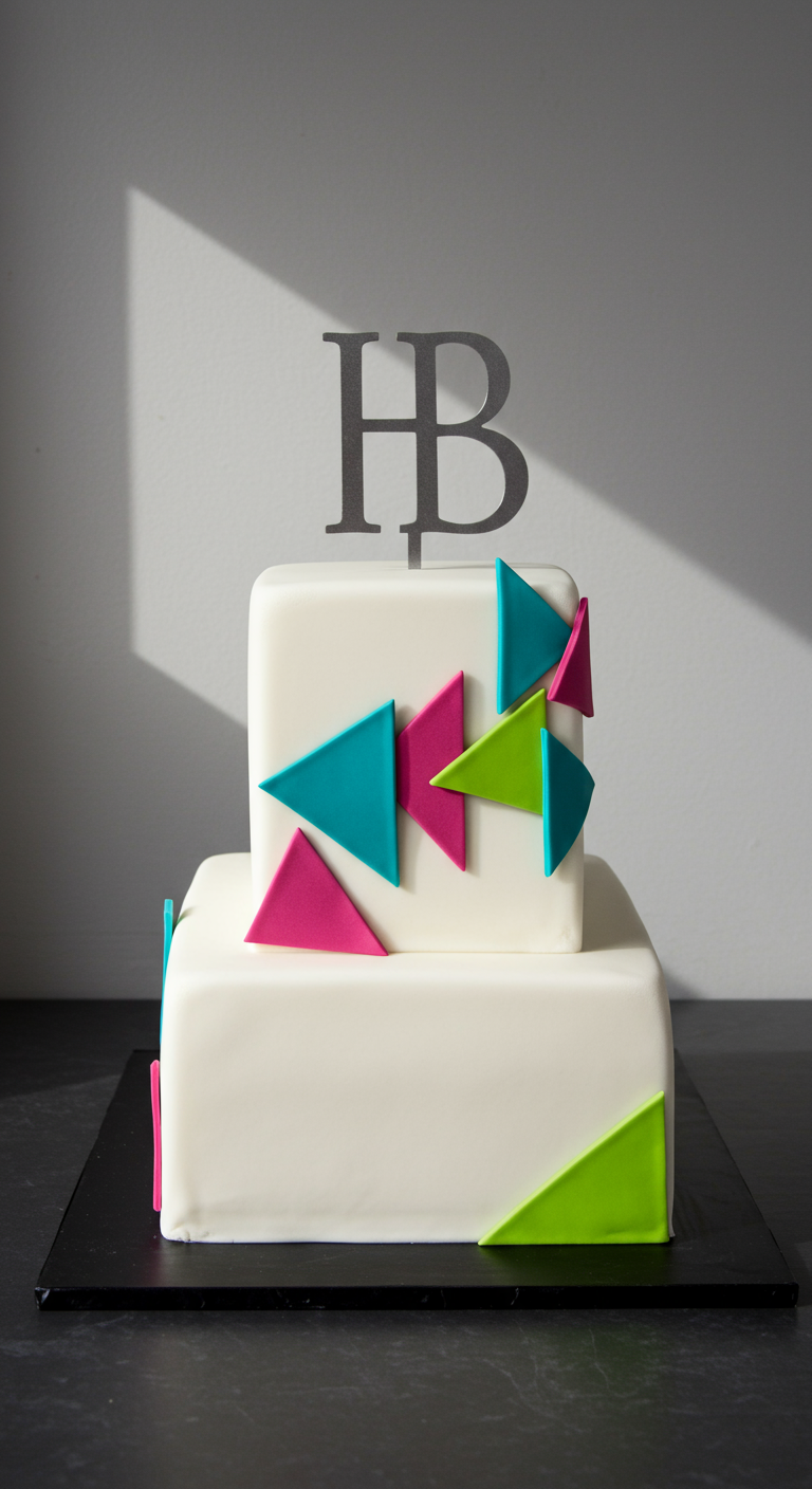Moderne weiße, quadratische Torte mit bunten Dreiecken an den Ecken.