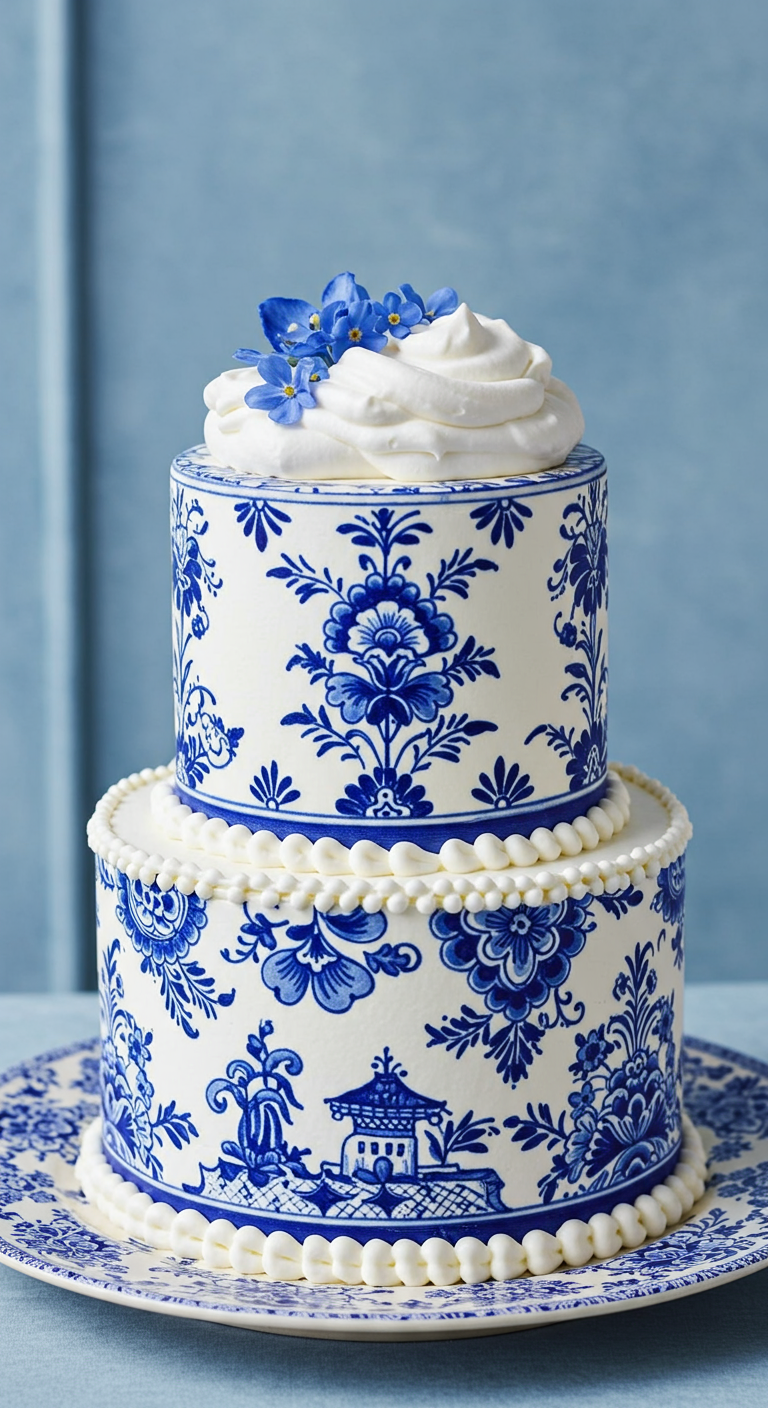 Zweistöckige Torte mit blau-weißem Delfter Porzellanmuster.