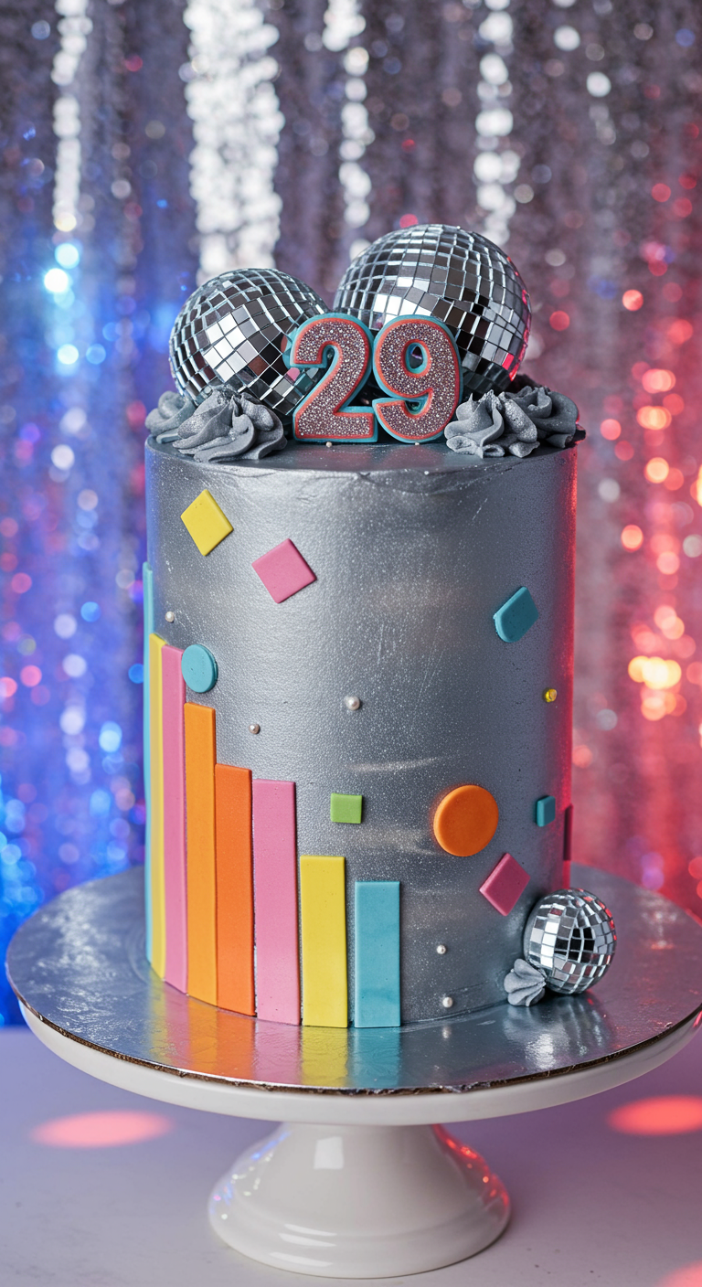 Silberne Torte mit bunten geometrischen Formen und Discokugeln, Zahl 29.