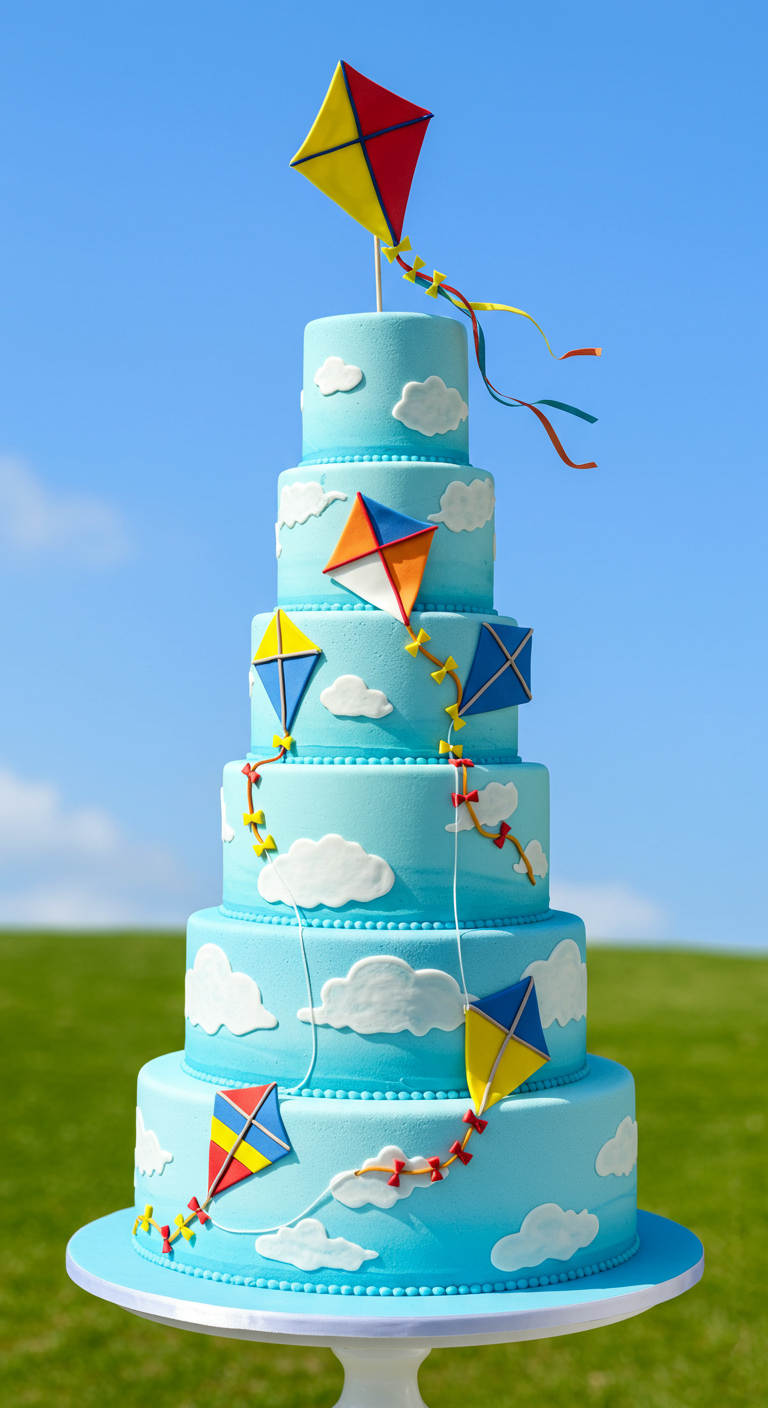 Hohe, himmelblaue Torte mit bunten Fondant-Drachen und Buttercreme-Wolken.