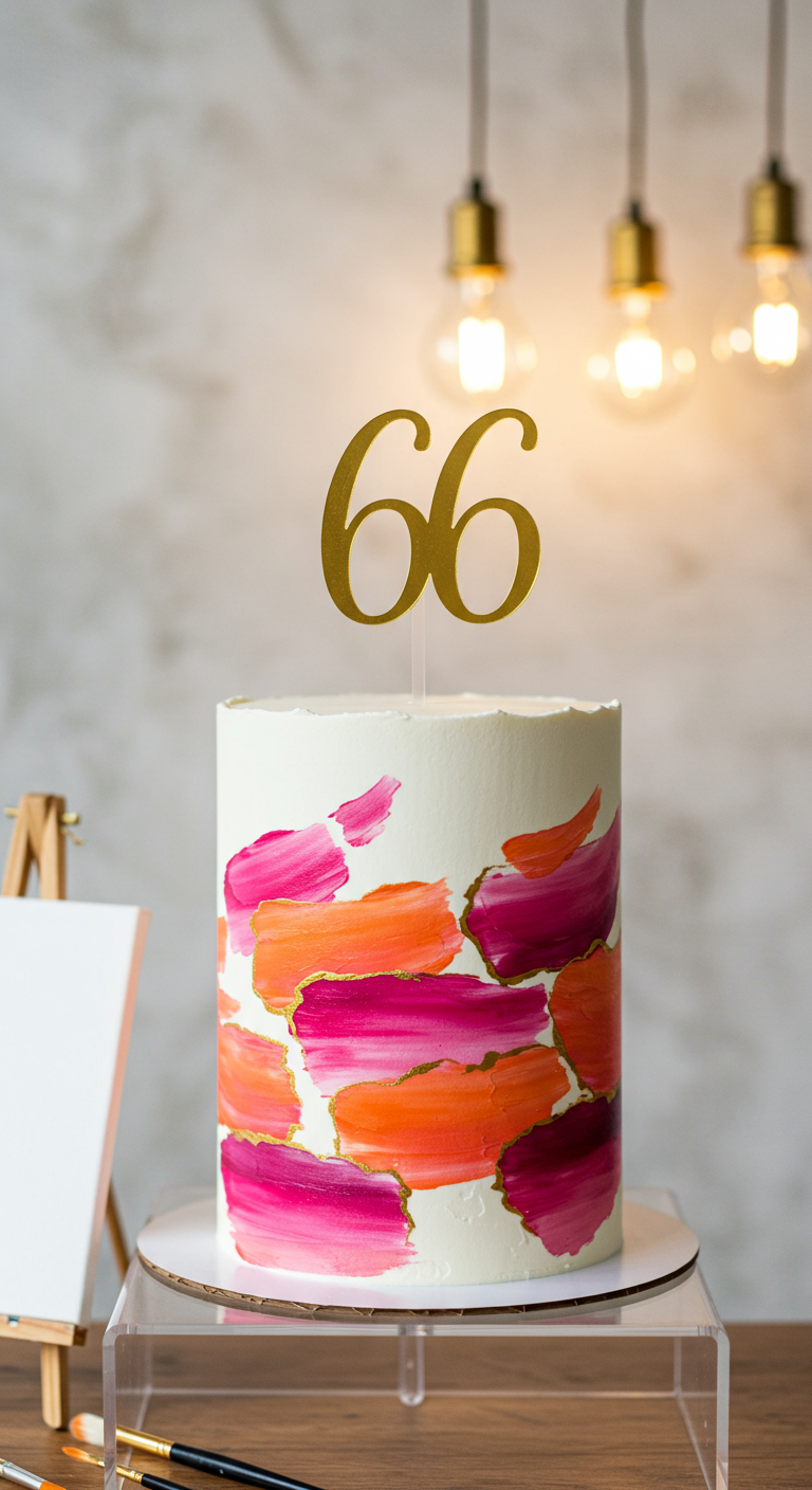 Weiße Torte mit pink-orangen Pinselstrichen, Gold,