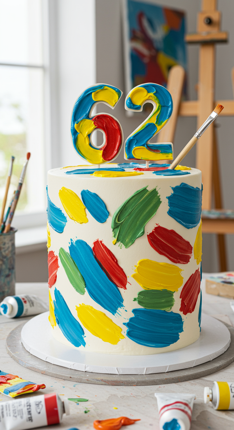 Weiße Torte mit bunten Farbklecksen und einer großen Zahl 62 im Farbpaletten-Stil.