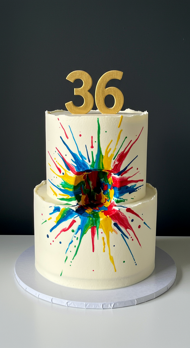 Zweistöckige weiße Torte mit bunten Farbspritzern und goldenen Zahlen