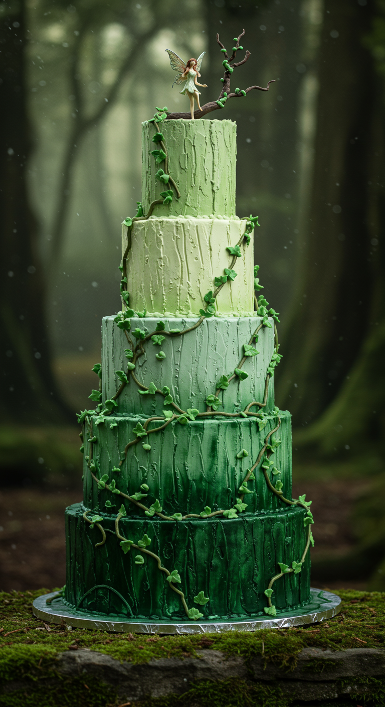 Hohe, mehrstöckige grüne Torte mit rauer Textur, Ranken und einer Fee als Topper.