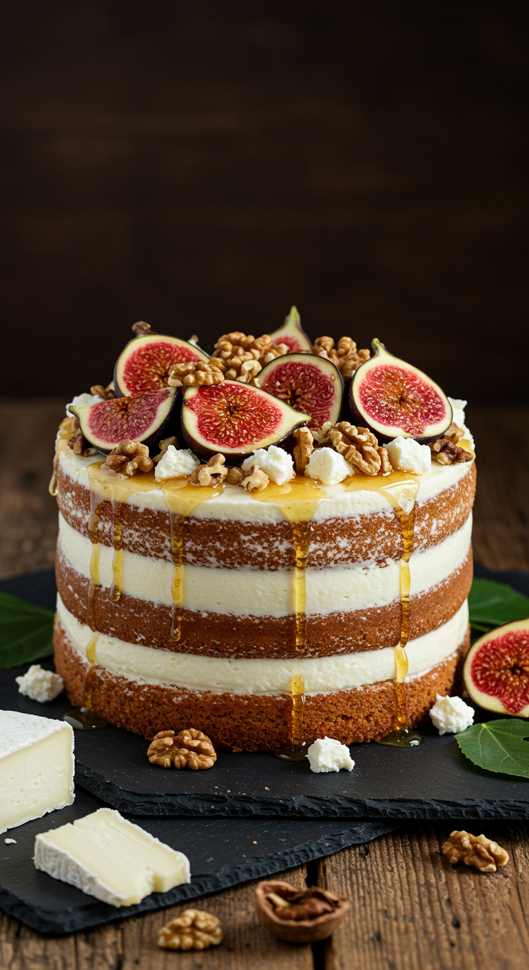 Naked Cake mit Feigen, Walnüssen, Käse und Honig-Drizzle.