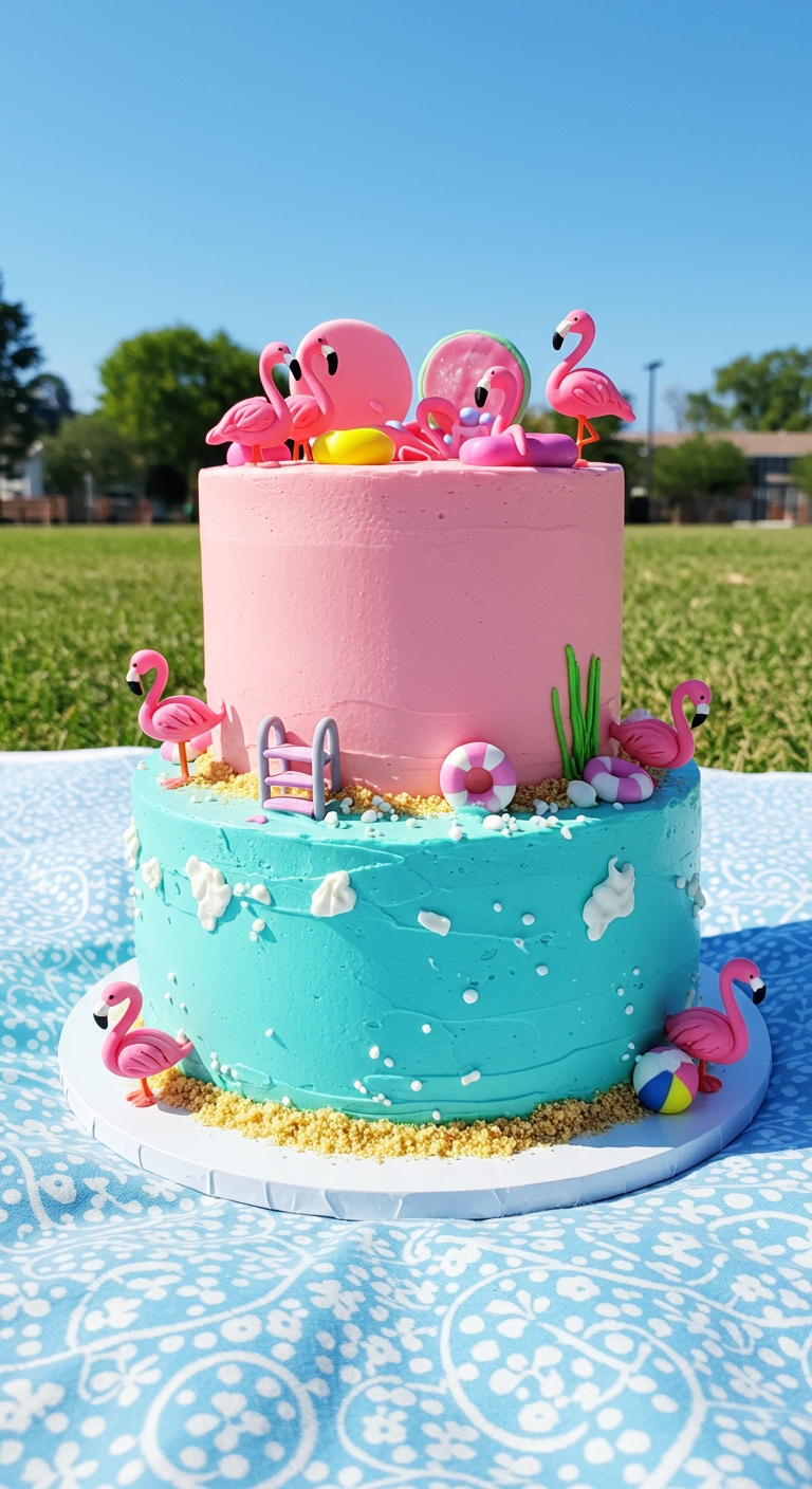 Zweistöckige pink-türkise Torte mit vielen Mini-Flamingos und Pool-Deko.