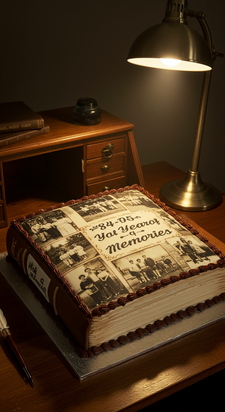 Kuchen in Form eines aufgeschlagenen Fotoalbums mit alten Fotos und Schrift.