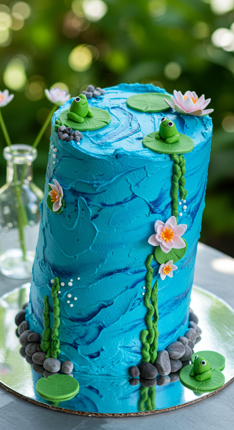 Blaue Torte mit Fondant-Fröschen auf Seerosenblättern und Wasserlilien.