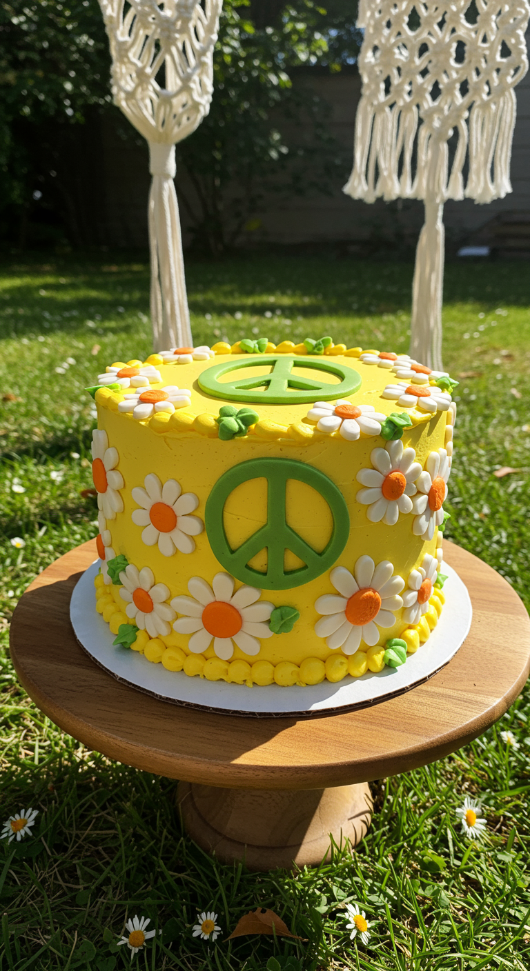 Gelbe Torte mit Gänseblümchen- und Peace-Zeichen-Dekor aus Fondant.