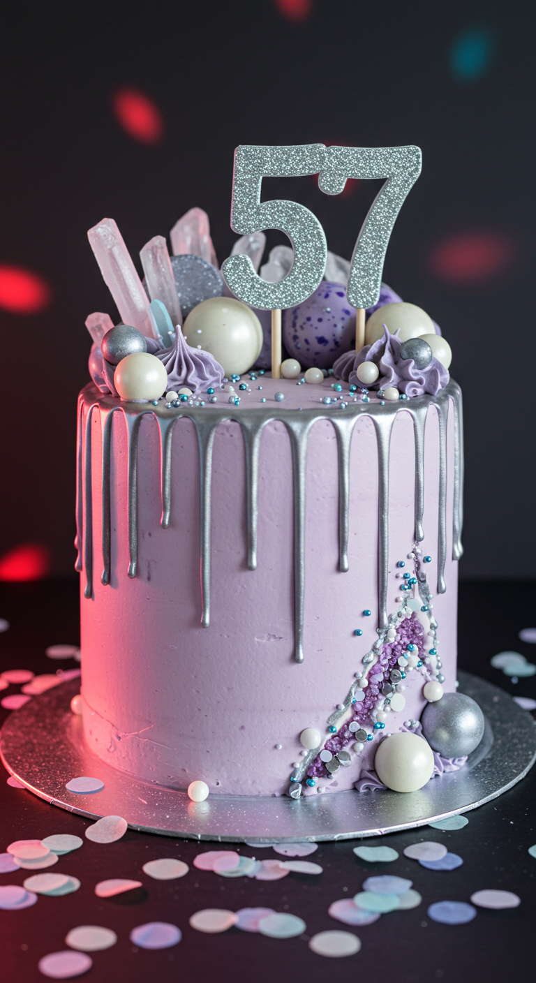 Lila Torte mit silbernem Drip, Glitzer und Deko-Kugeln.