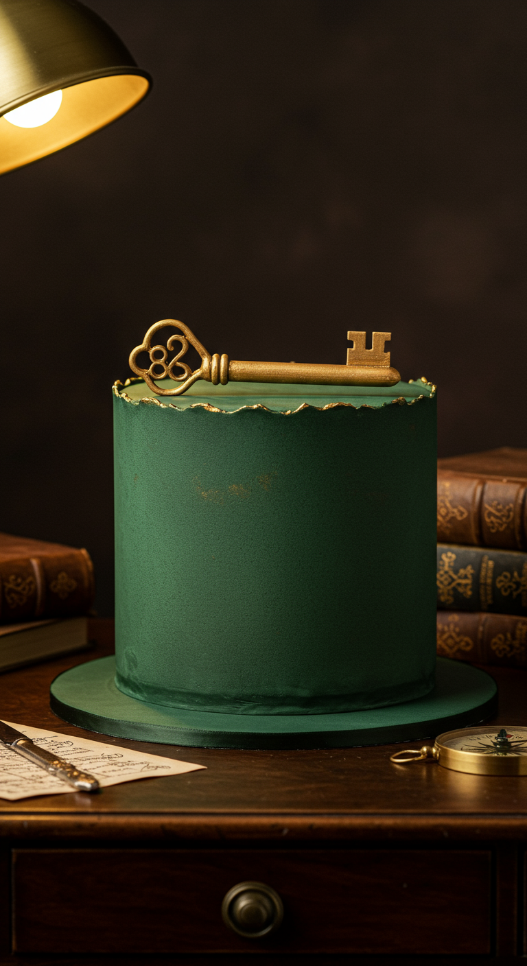 Dunkelgrüner Kuchen mit einem goldenen Zierschlüssel als Topper.