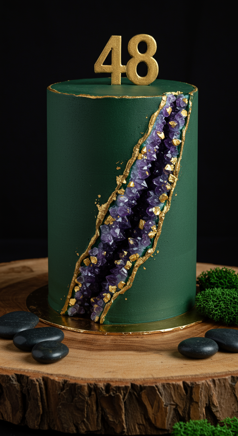 Dunkelgrüne Torte mit einem Ausschnitt, der mit lila Kristallen und Goldrand gefüllt ist (Geoden-Effekt).