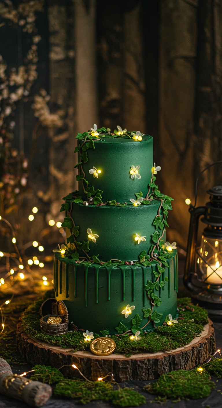 Dreistöckige dunkelgrüne Torte mit Efeuranken und leuchtenden Glühwürmchen-Lichtern.