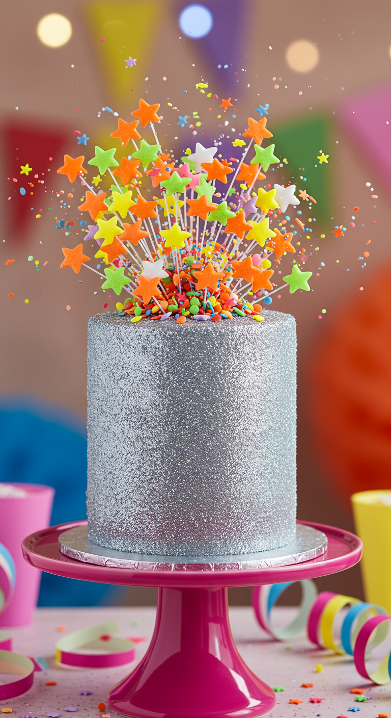 Silberne Glitzertorte mit bunten Sternen auf Drähten, die wie ein Feuerwerk aussehen.