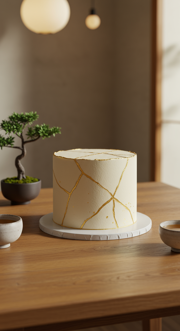 Einfache weiße Rundtorte mit feinen goldenen Kintsugi-Linien.