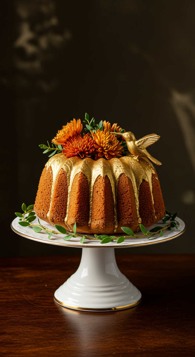 Gugelhupf mit goldenem Guss, Blumen und Deko-Vogel.